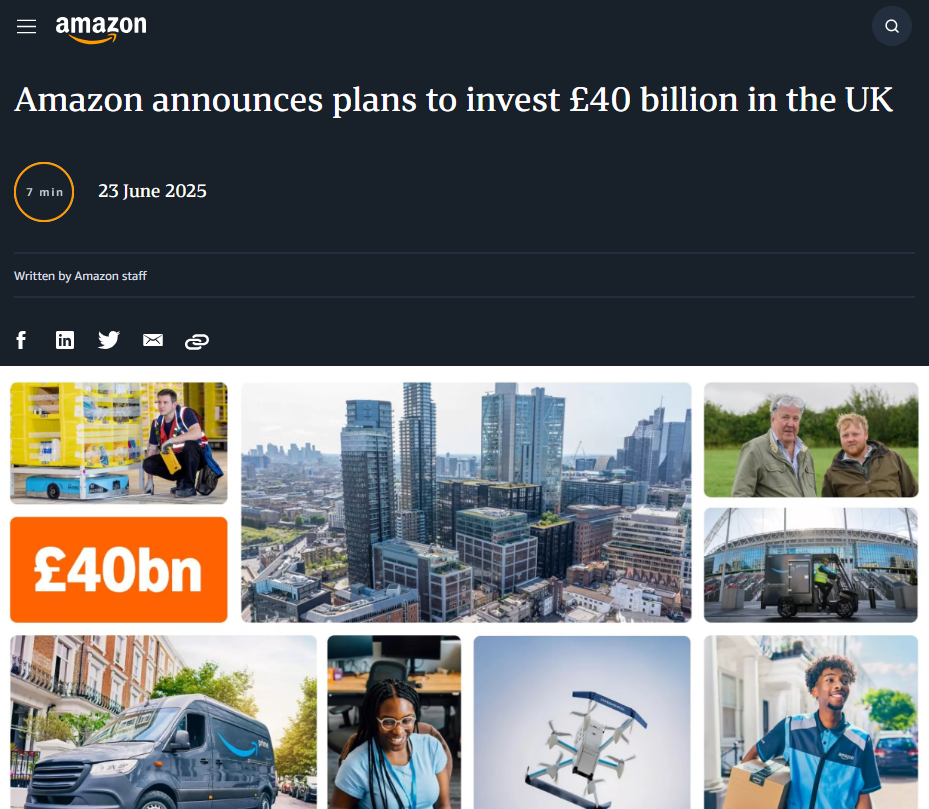 亚马逊计划三年在英国投资400亿英镑